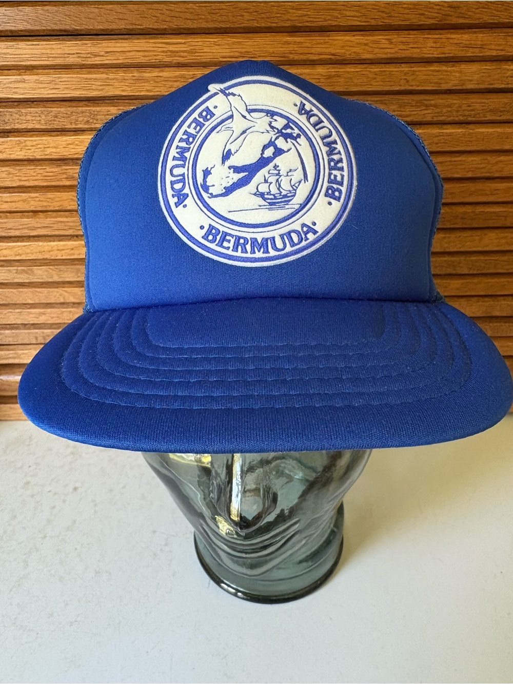 Retro Blue Bermuda Fishing Trucker Hat Snapback Hat Patch 1980's Vintage